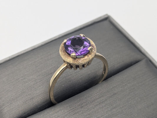 Antique 14k Gold Solitaire Purple Amethyst Stone Ring Victorian Cocktail Statement
