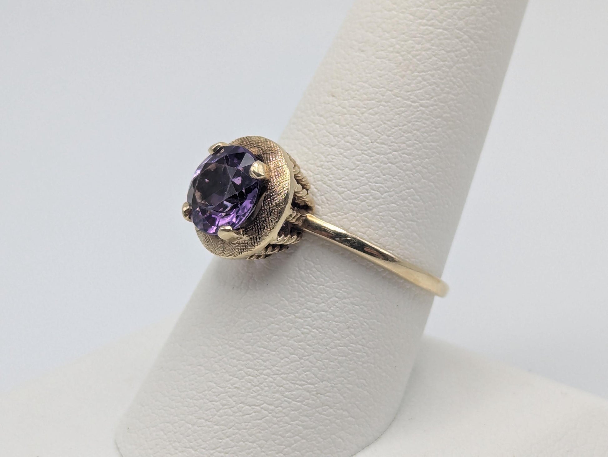 Antique 14k Gold Solitaire Purple Amethyst Stone Ring Victorian Cocktail Statement
