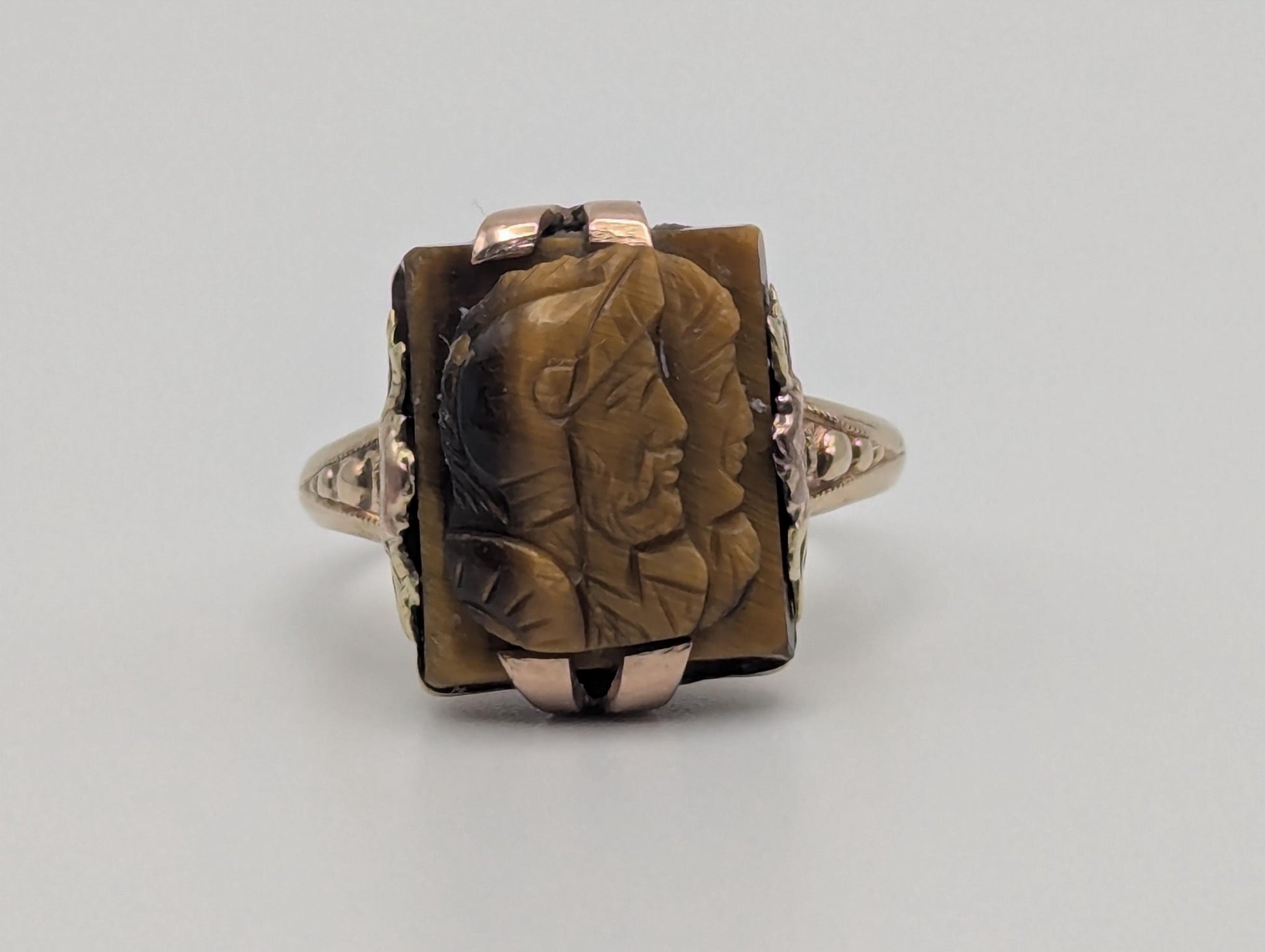 Antique 10k Gold Tiger Eye Hematite Roman Warrior Intaglio Cameo Ring Signet Soldier Carved Victorian