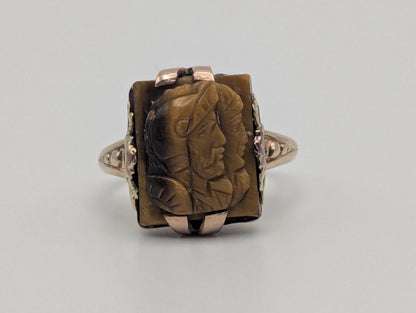 Antique 10k Gold Tiger Eye Hematite Roman Warrior Intaglio Cameo Ring Signet Soldier Carved Victorian