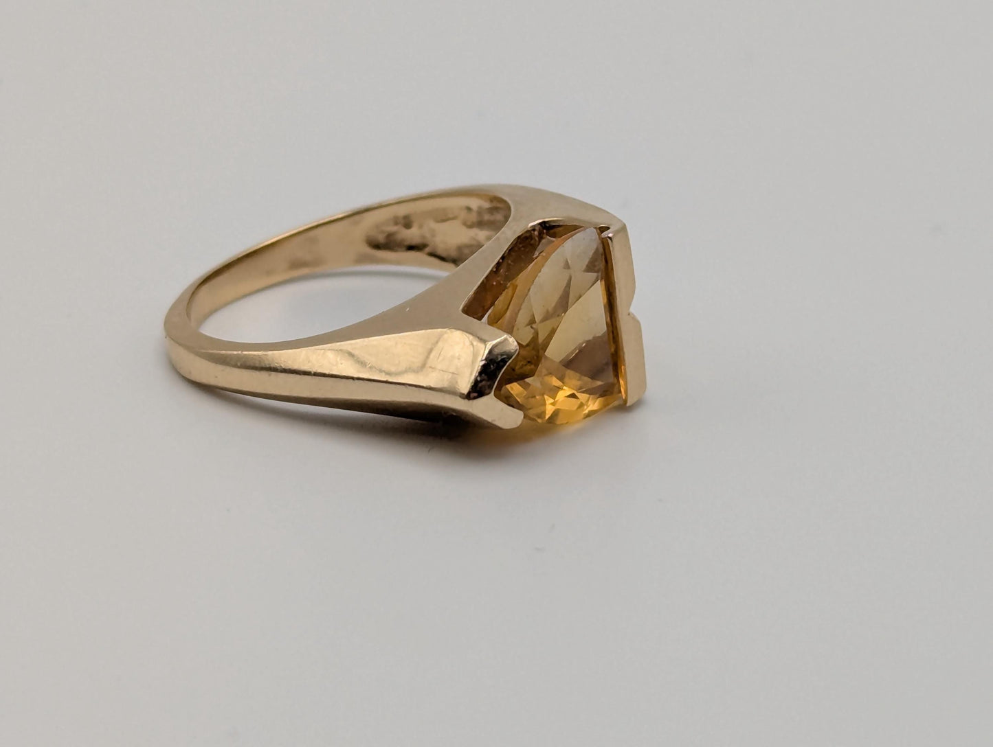 14k Yellow Gold Solitare Citrine Amber Diamond Cocktail Statement Pinky Ring