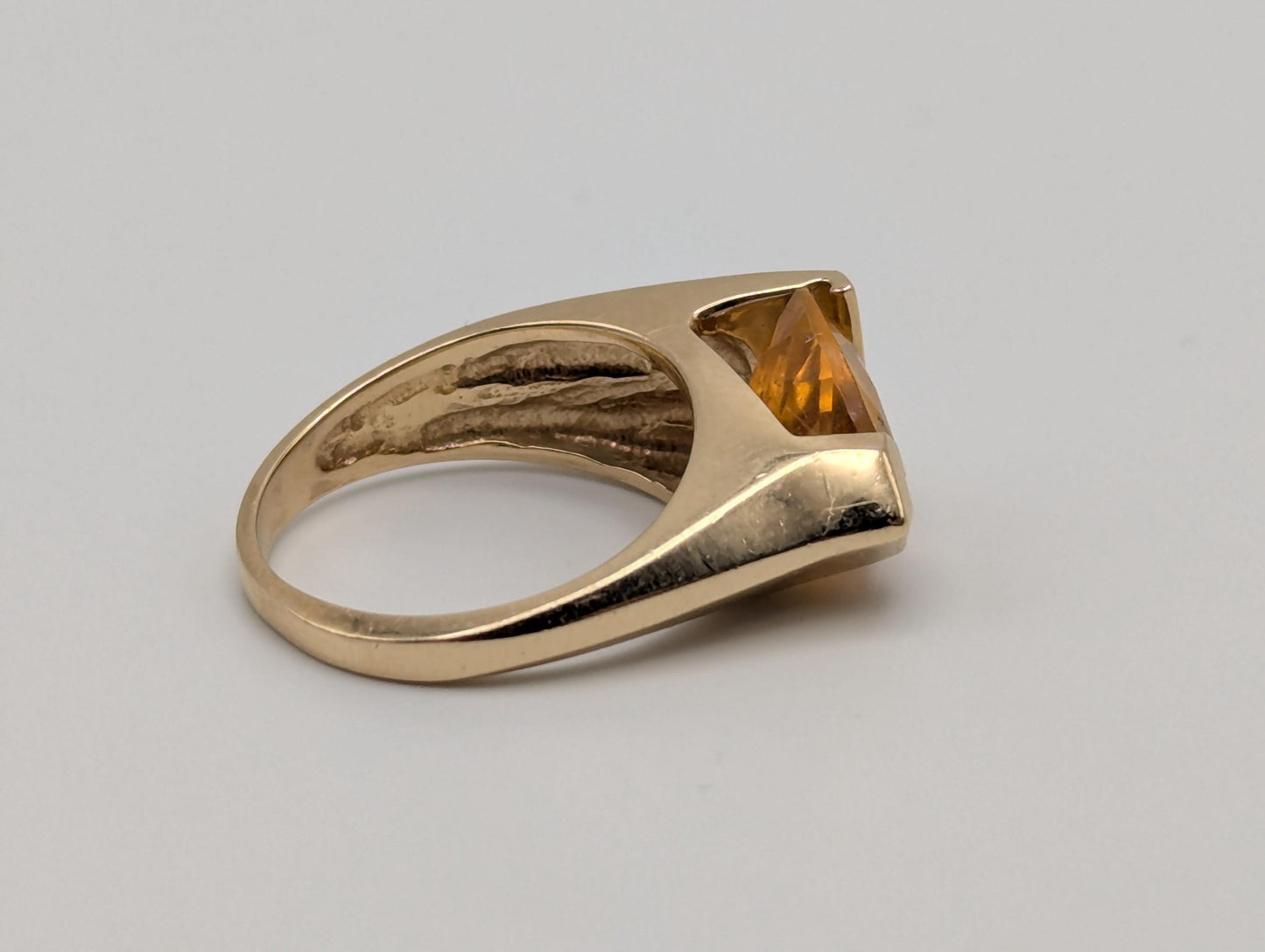 14k Yellow Gold Solitare Citrine Amber Diamond Cocktail Statement Pinky Ring