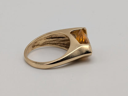 14k Yellow Gold Solitare Citrine Amber Diamond Cocktail Statement Pinky Ring