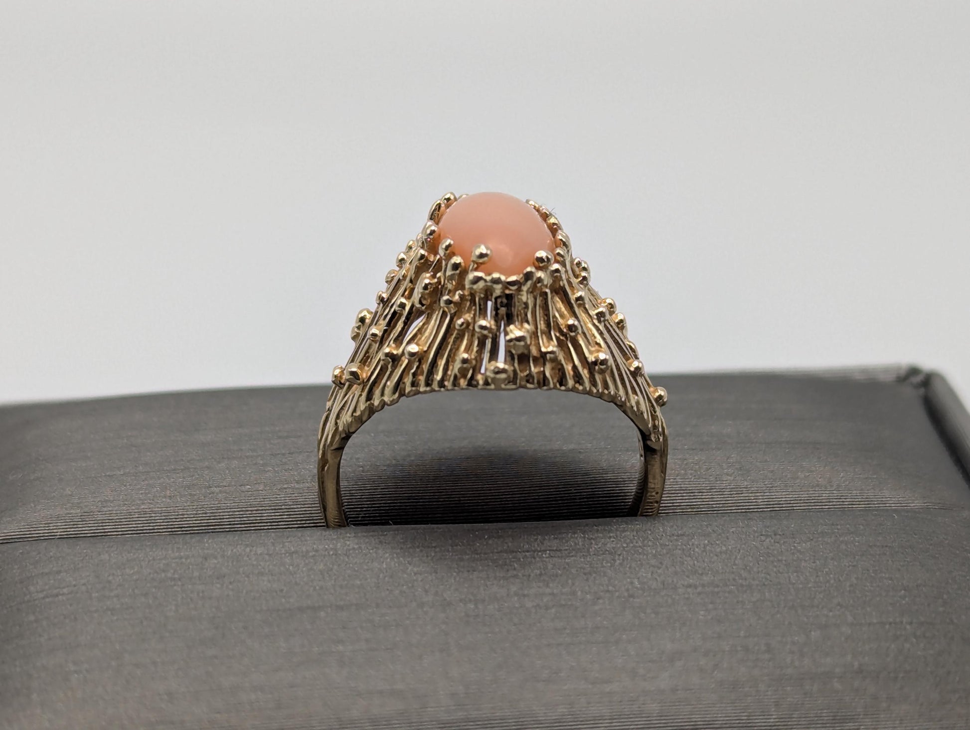 14k Yellow Gold Pink Coral Ring Cocktail Ring Statement Wedding Ring