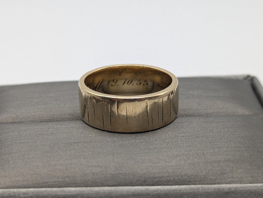 14k Yellow Gold Etched Design 7mm Wide Wedding Cigar Ring Comfort Fit Anniversary Band