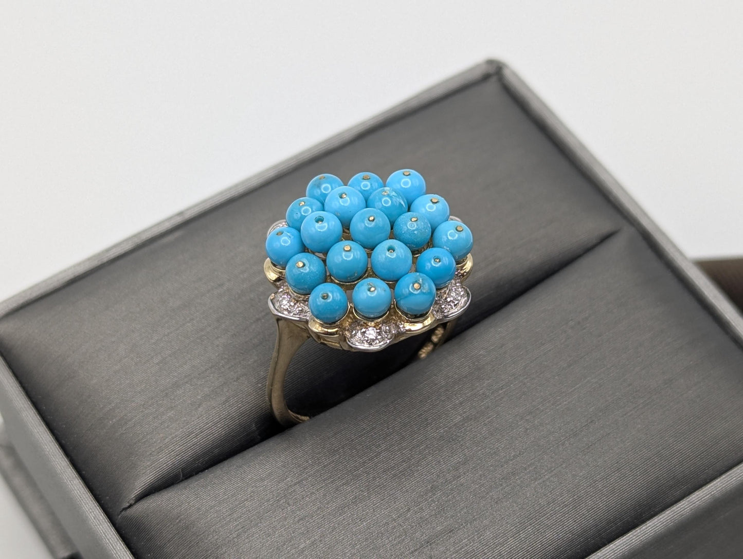 10k Gold Turquoise Diamond Cluster Flower Cocktail Statement Ring Wedding