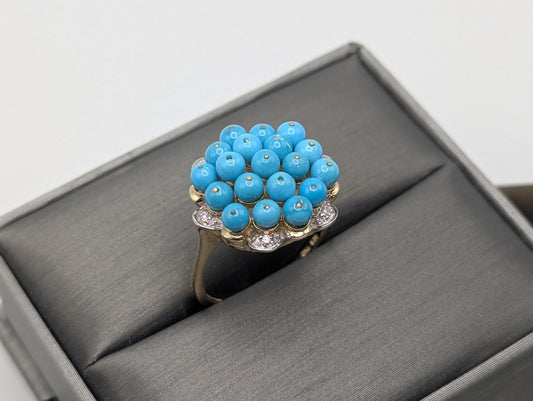 10k Gold Turquoise Diamond Cluster Flower Cocktail Statement Ring Wedding