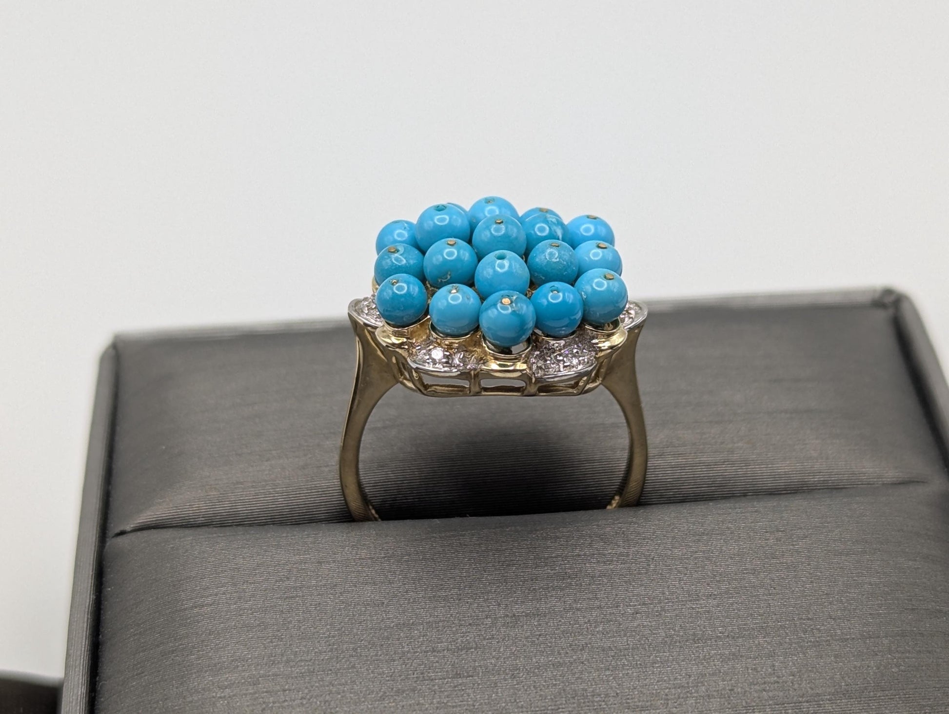 10k Gold Turquoise Diamond Cluster Flower Cocktail Statement Ring Wedding