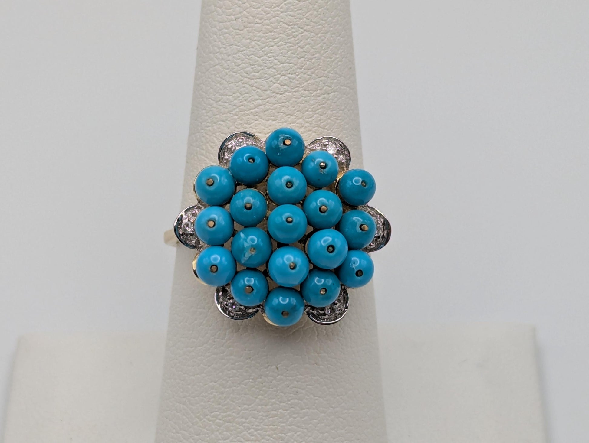 10k Gold Turquoise Diamond Cluster Flower Cocktail Statement Ring Wedding