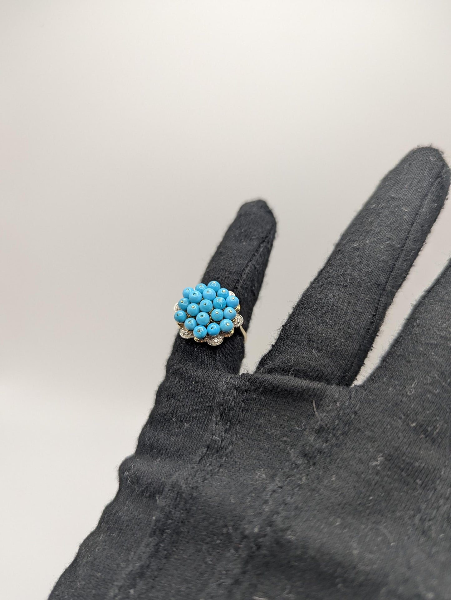 10k Gold Turquoise Diamond Cluster Flower Cocktail Statement Ring Wedding