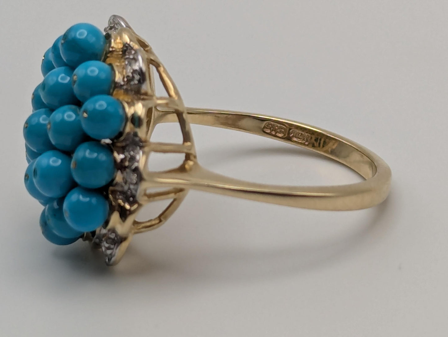 10k Gold Turquoise Diamond Cluster Flower Cocktail Statement Ring Wedding