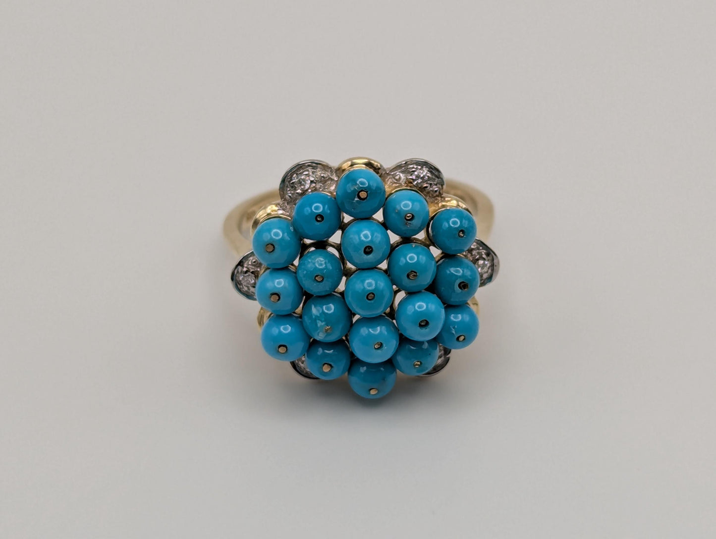 10k Gold Turquoise Diamond Cluster Flower Cocktail Statement Ring Wedding
