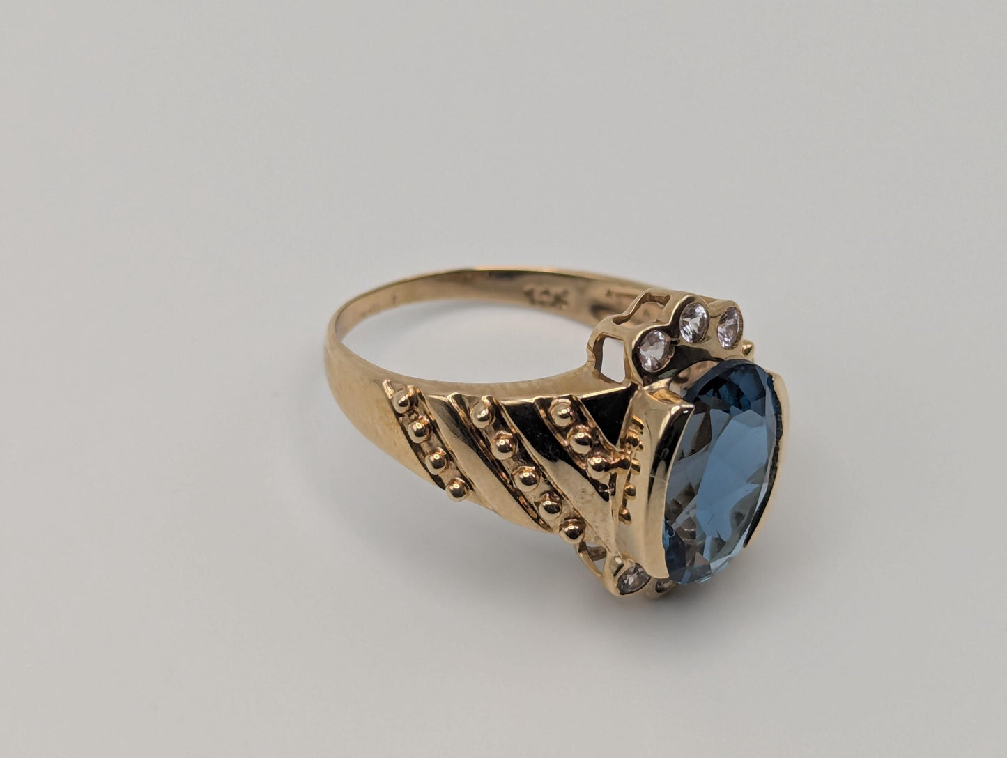 10k Yellow Gold Blue Topaz Sapphire Ring Statement Cocktail Signet Pinky Ring.