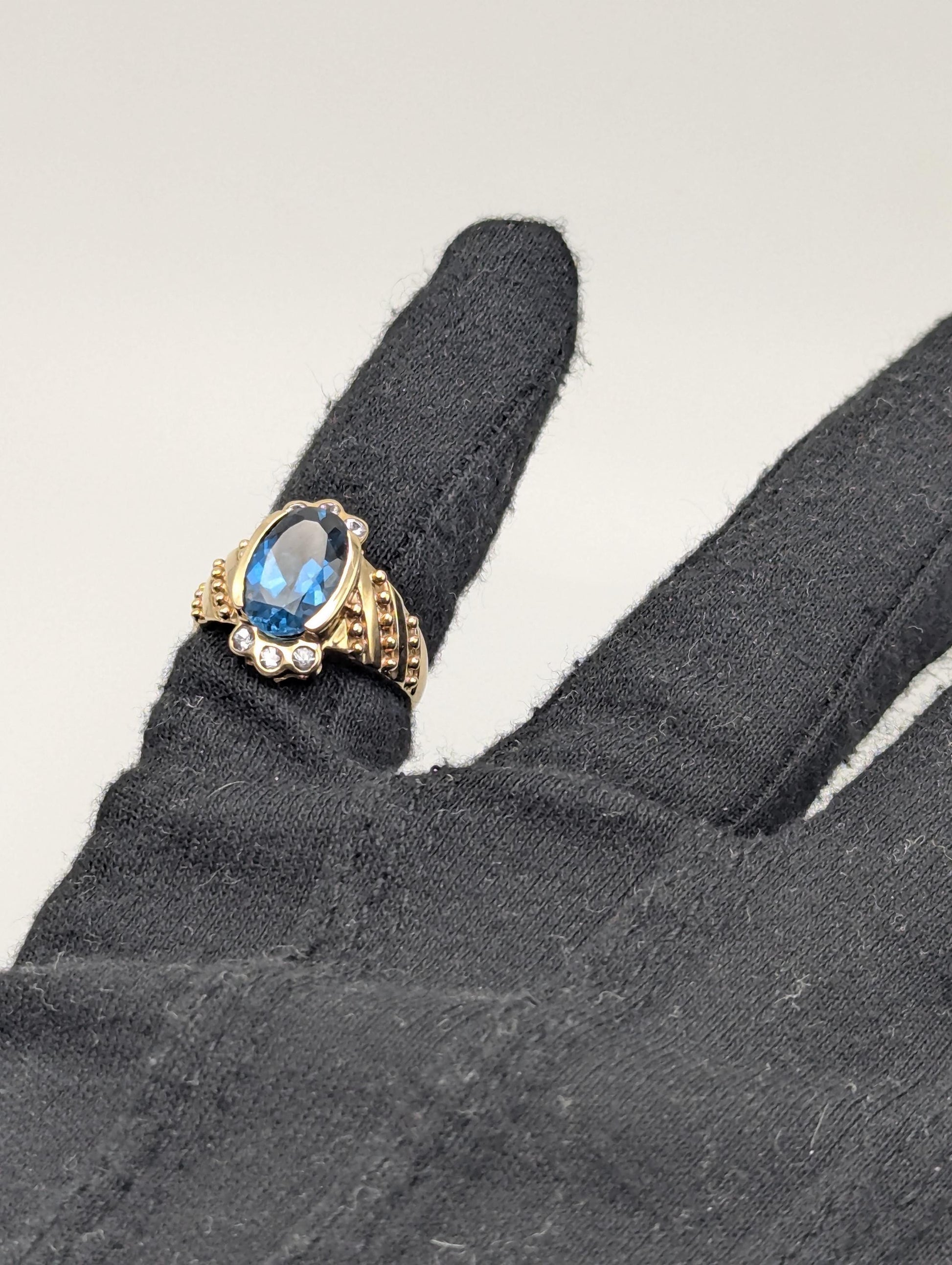 10k Yellow Gold Blue Topaz Sapphire Ring Statement Cocktail Signet Pinky Ring.