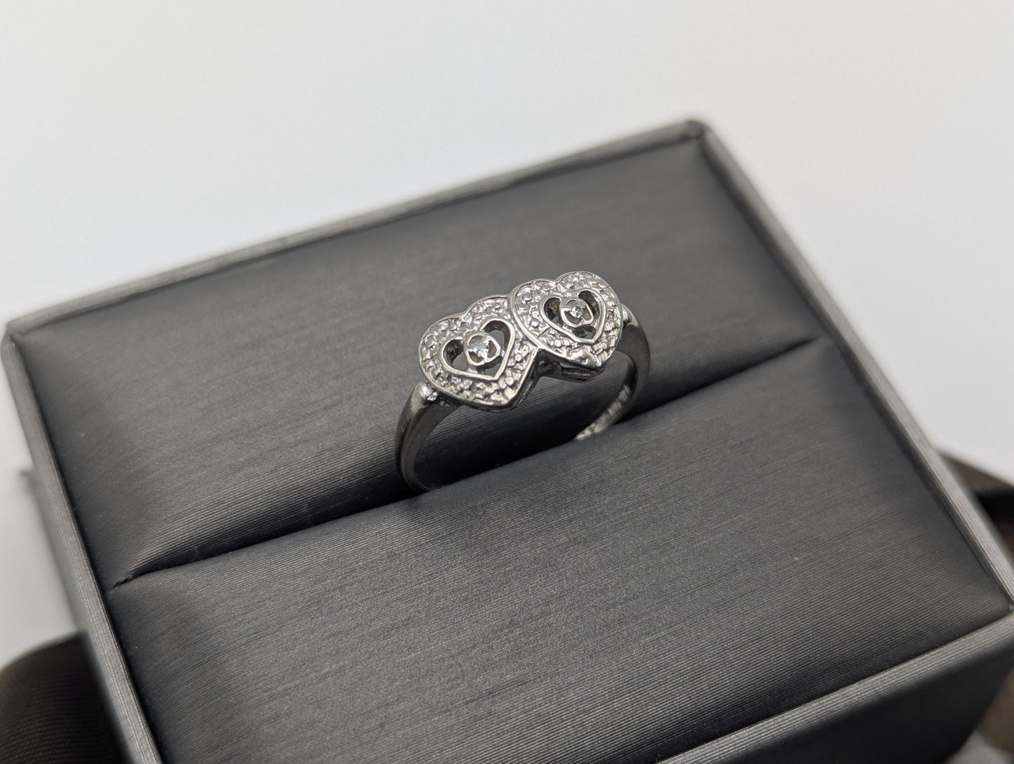 10k White Gold Diamond Hearts Ring Two Hearts Promise Love Ring Heart Minimalist Ring