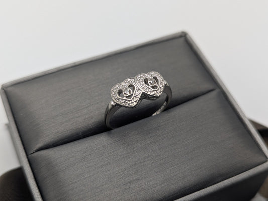 10k White Gold Diamond Hearts Ring Two Hearts Promise Love Ring Heart Minimalist Ring