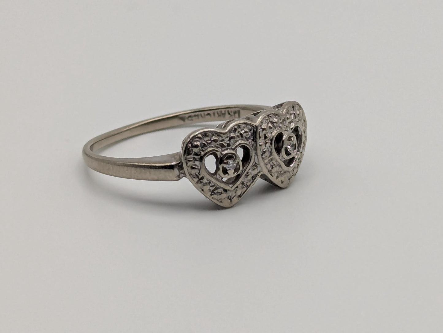 10k White Gold Diamond Hearts Ring Two Hearts Promise Love Ring Heart Minimalist Ring