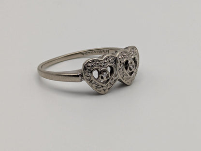 10k White Gold Diamond Hearts Ring Two Hearts Promise Love Ring Heart Minimalist Ring