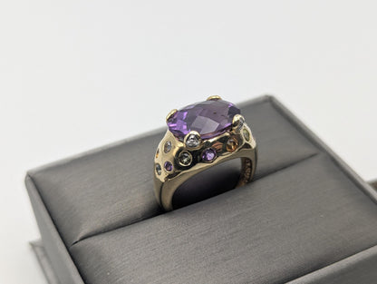 10k Gold Purple Amethyst Diamond Multi Stone Ring Vintage Cocktail Statement Ring.