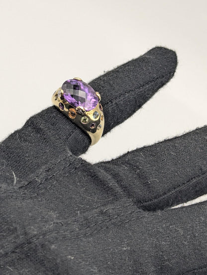 10k Gold Purple Amethyst Diamond Multi Stone Ring Vintage Cocktail Statement Ring.