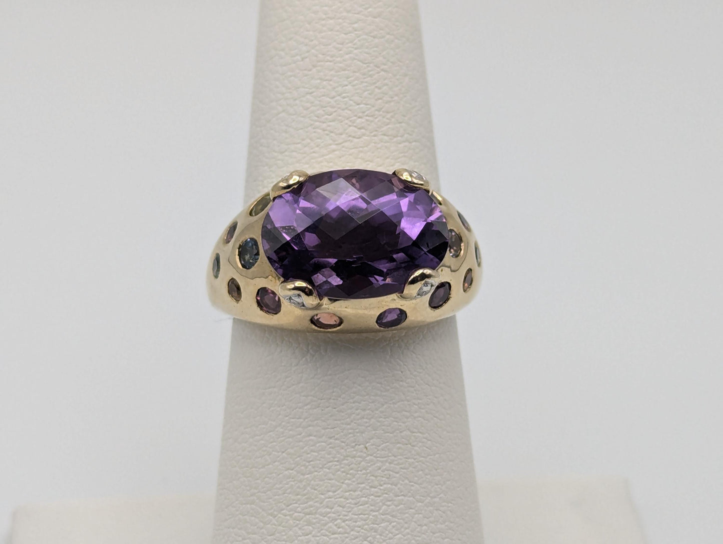 10k Gold Purple Amethyst Diamond Multi Stone Ring Vintage Cocktail Statement Ring.