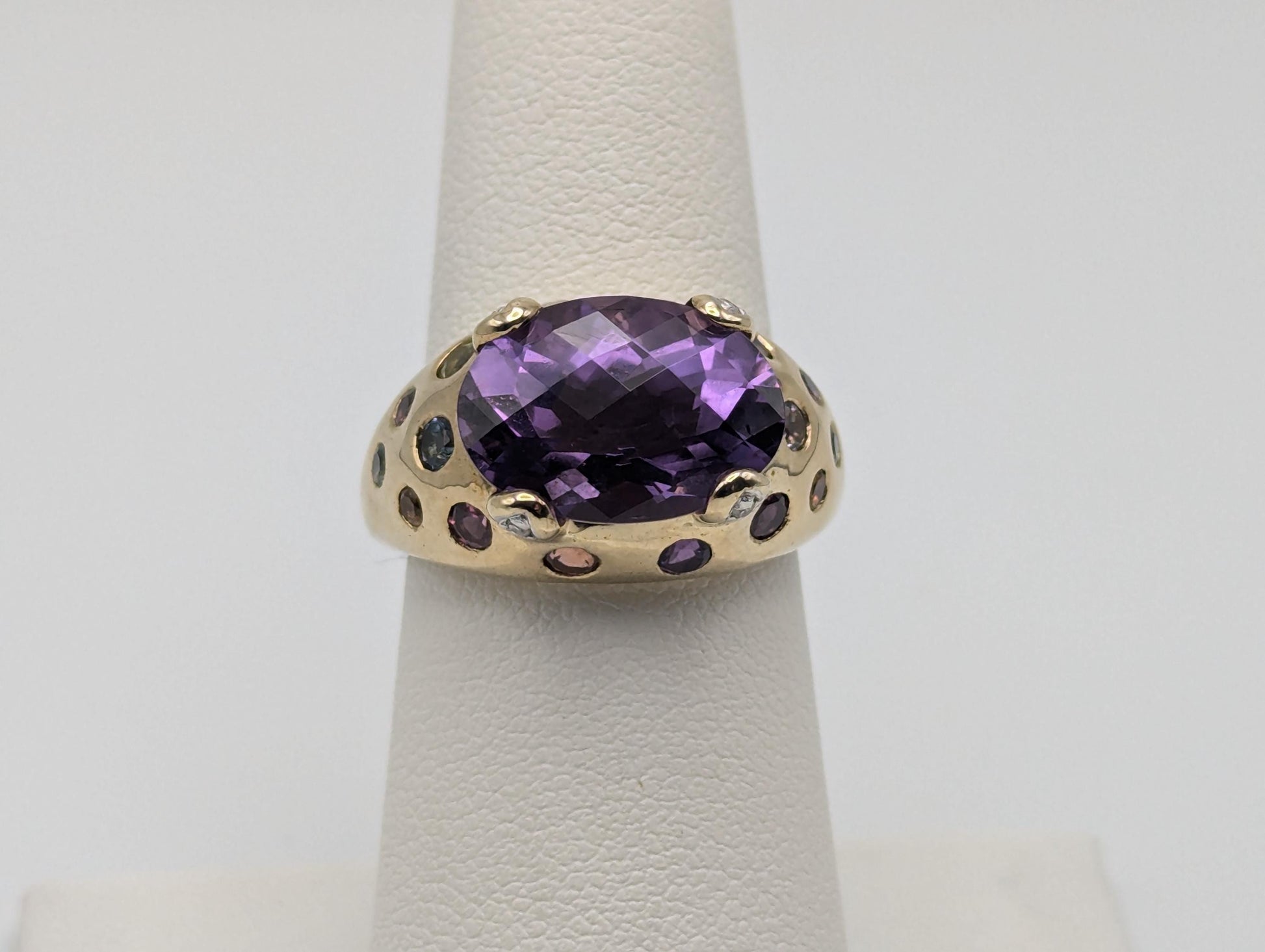 10k Gold Purple Amethyst Diamond Multi Stone Ring Vintage Cocktail Statement Ring.