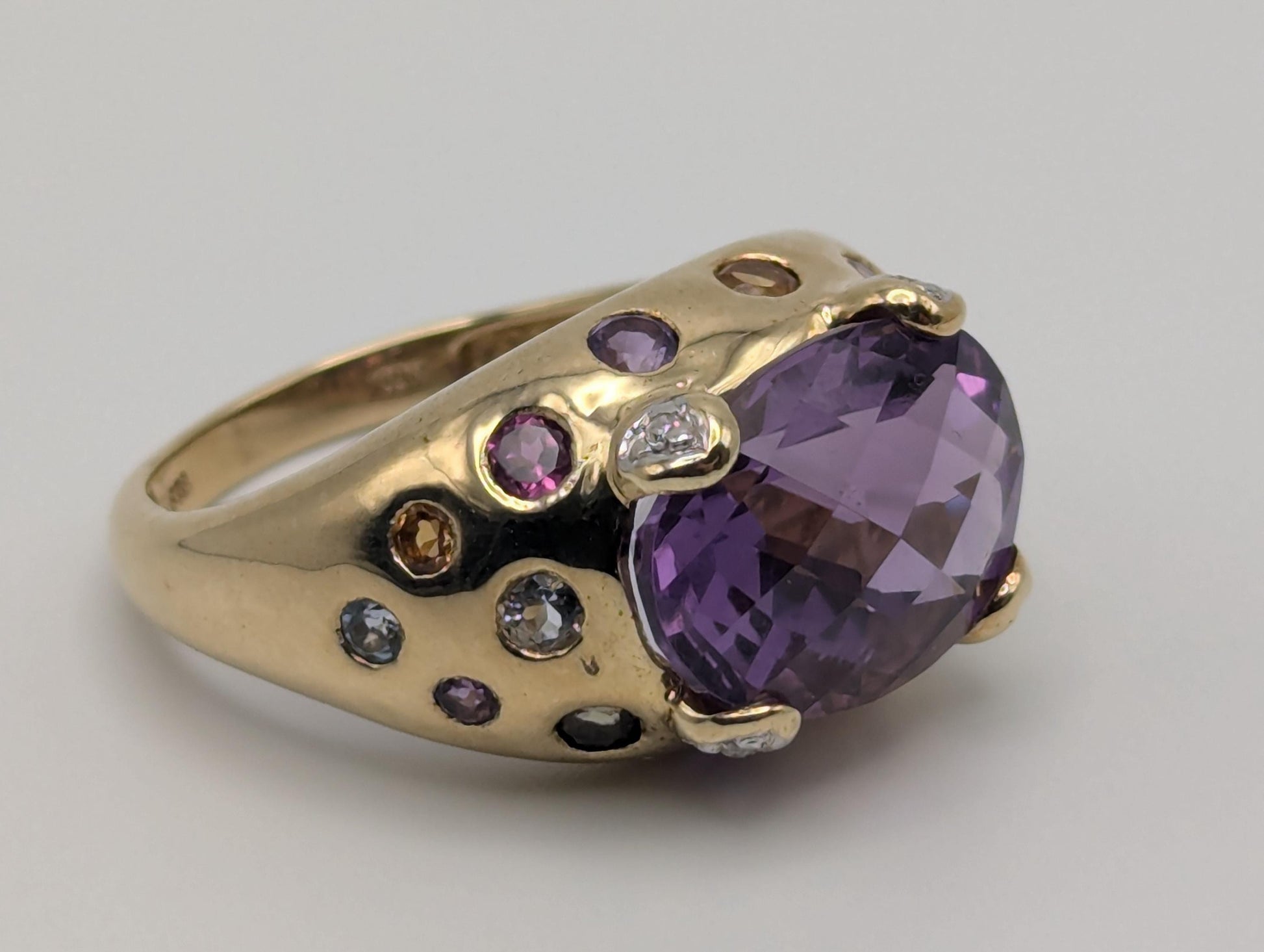 10k Gold Purple Amethyst Diamond Multi Stone Ring Vintage Cocktail Statement Ring.