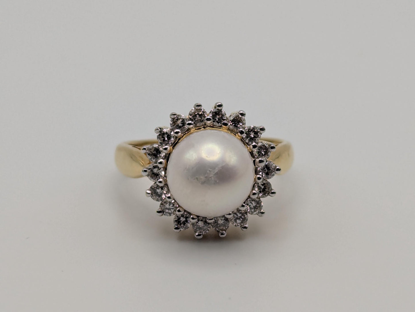 18k Pearl and Diamond Yellow Gold Cluster Ring. Flower Cocktail Ring. Statement Ring.