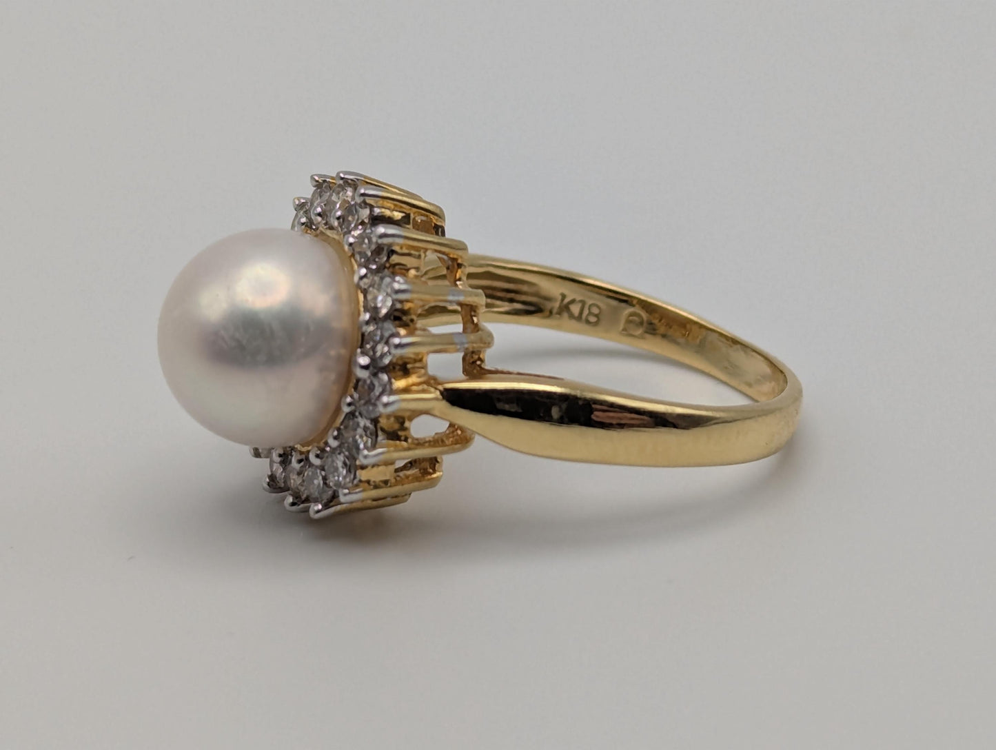 18k Pearl and Diamond Yellow Gold Cluster Ring. Flower Cocktail Ring. Statement Ring.