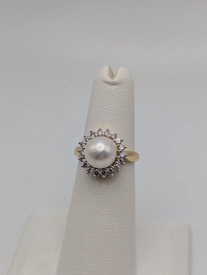 18k Pearl and Diamond Yellow Gold Cluster Ring. Flower Cocktail Ring. Statement Ring.