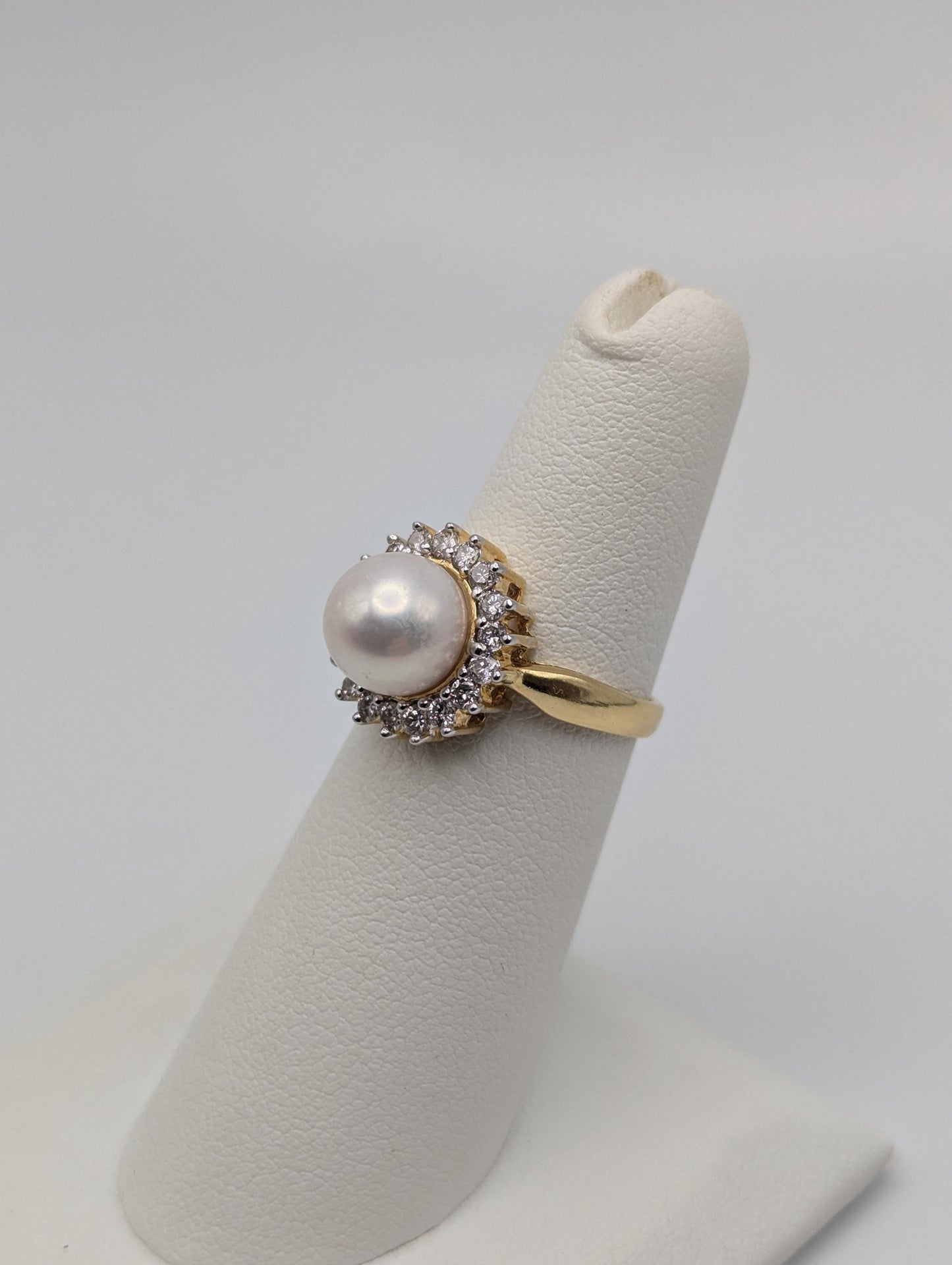 18k Pearl and Diamond Yellow Gold Cluster Ring. Flower Cocktail Ring. Statement Ring.