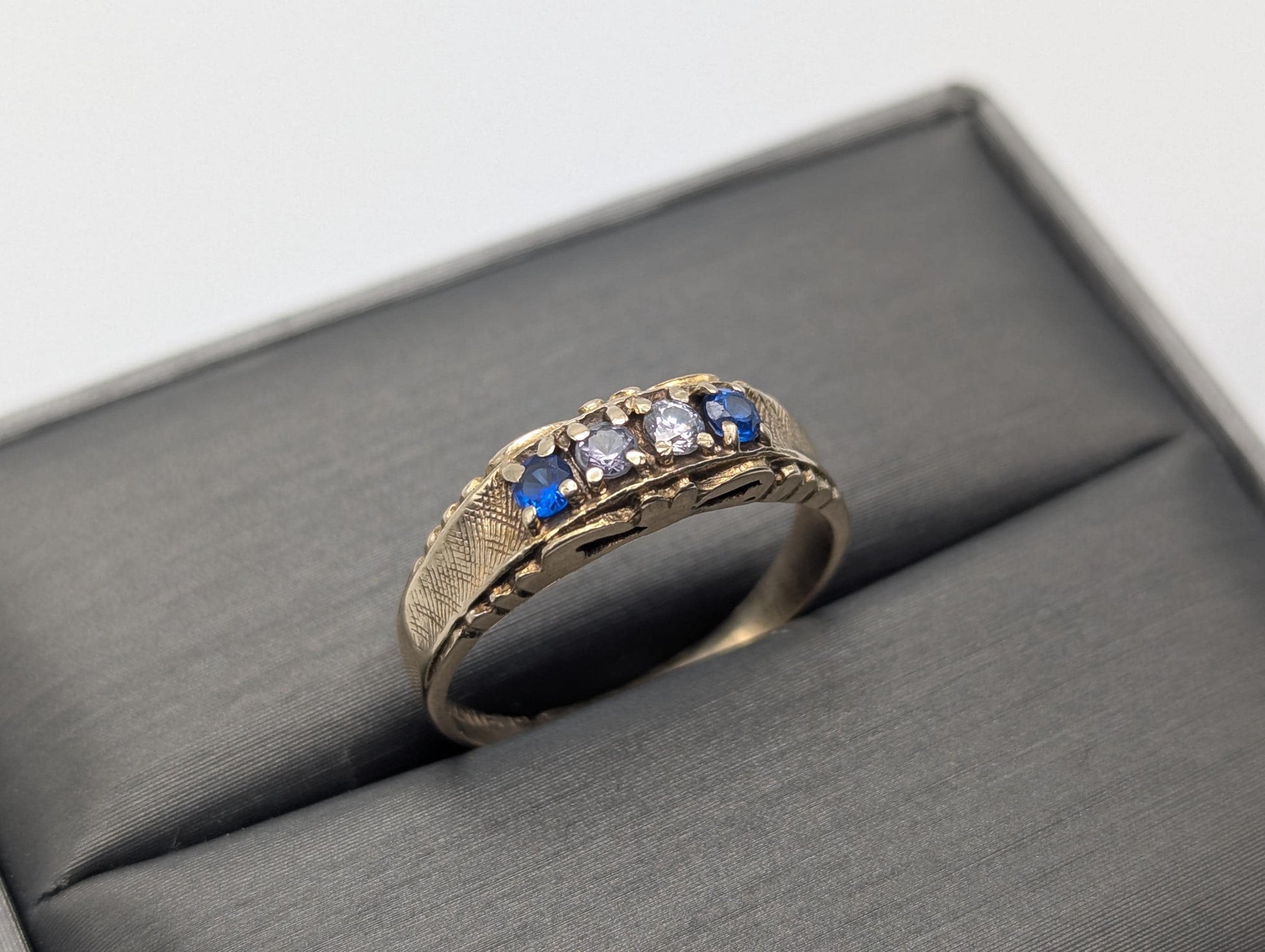 10k Yellow Gold Blue Topaz White Quartz Ring Vintage Half Channel Setting Ring