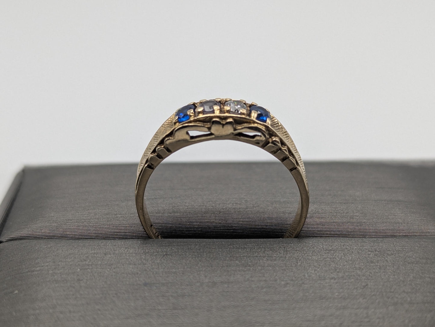 10k Yellow Gold Blue Topaz White Quartz Ring Vintage Half Channel Setting Ring