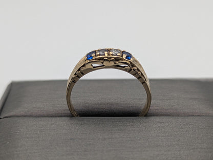 10k Yellow Gold Blue Topaz White Quartz Ring Vintage Half Channel Setting Ring