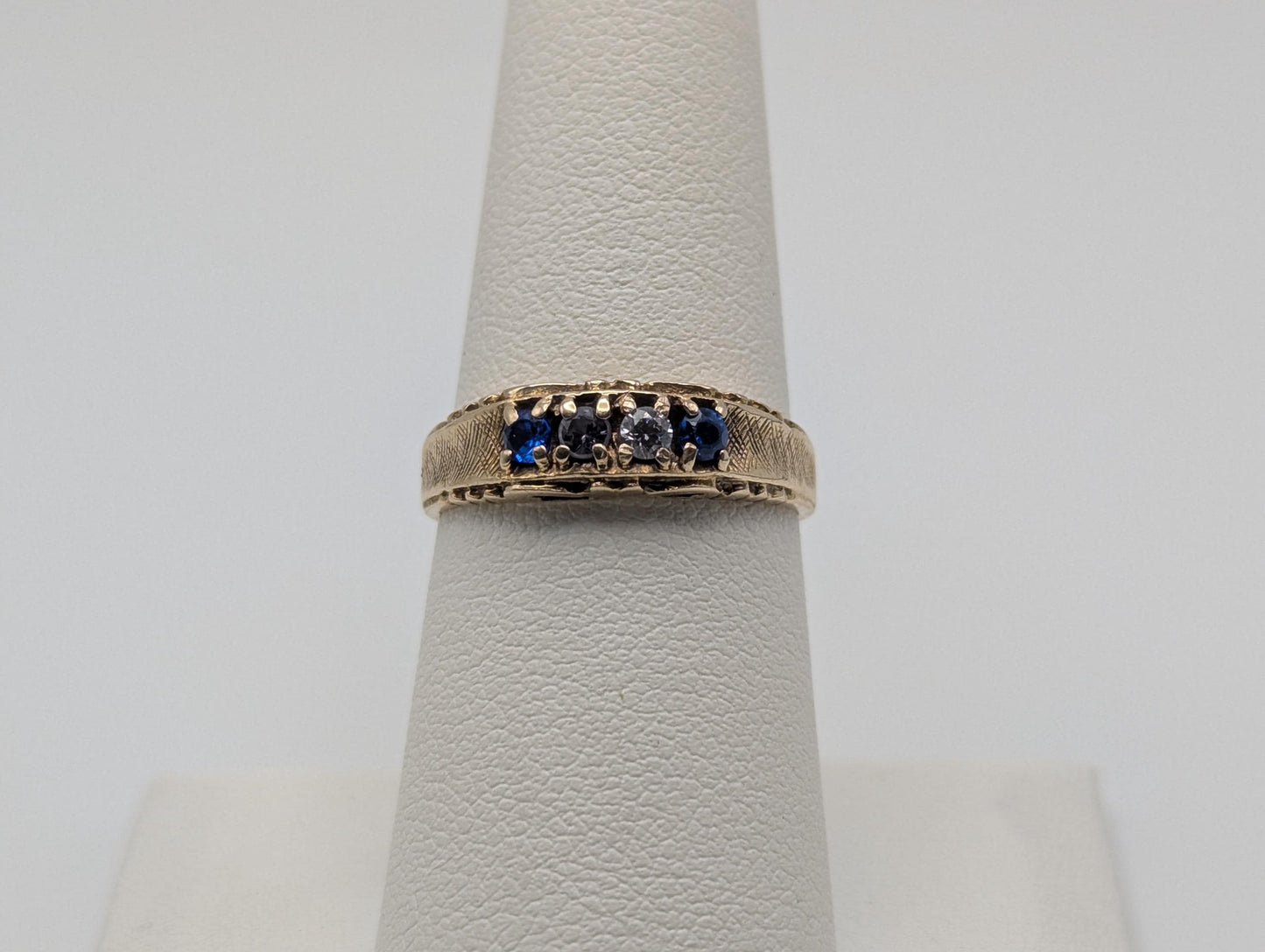 10k Yellow Gold Blue Topaz White Quartz Ring Vintage Half Channel Setting Ring