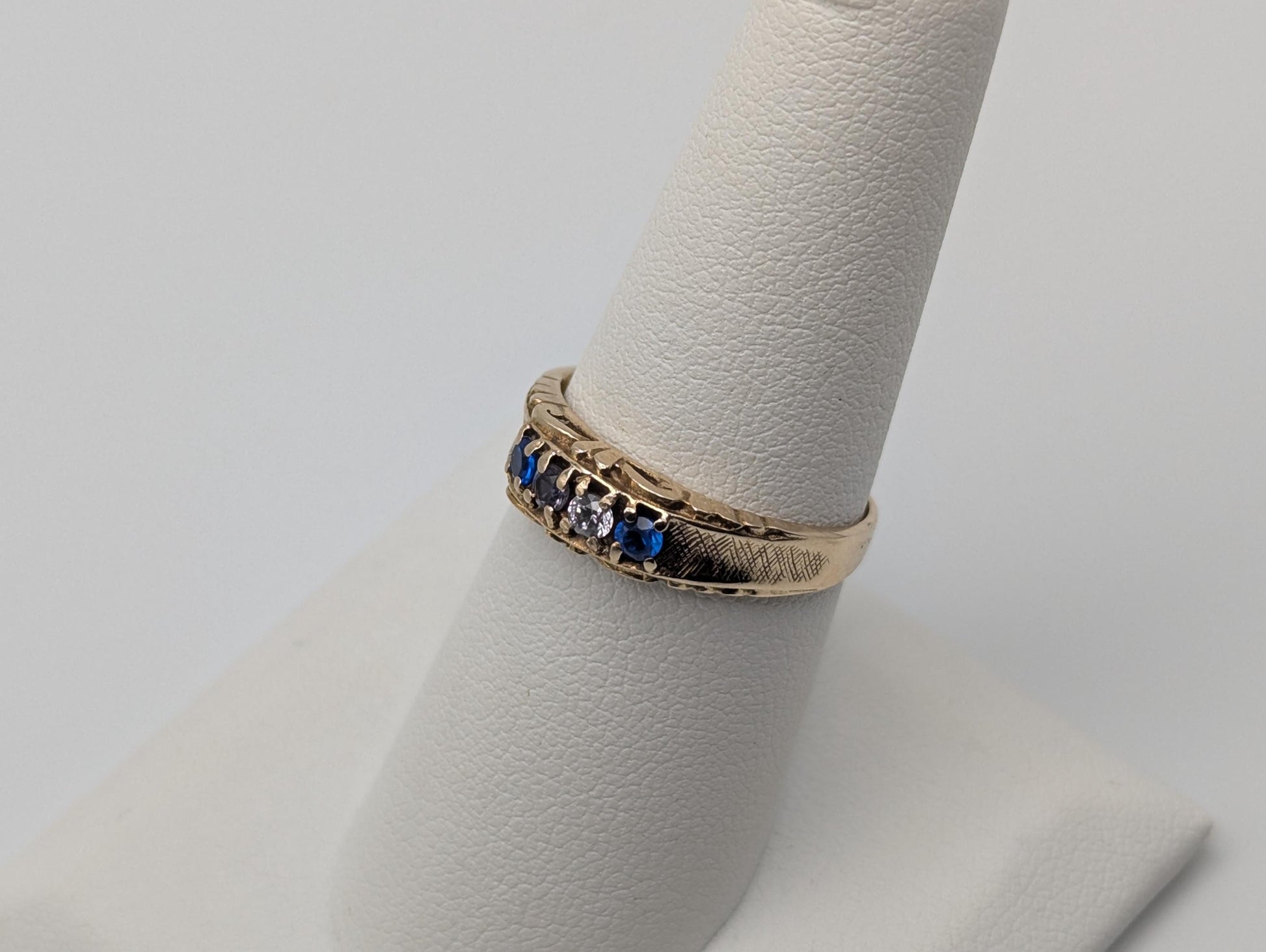 10k Yellow Gold Blue Topaz White Quartz Ring Vintage Half Channel Setting Ring