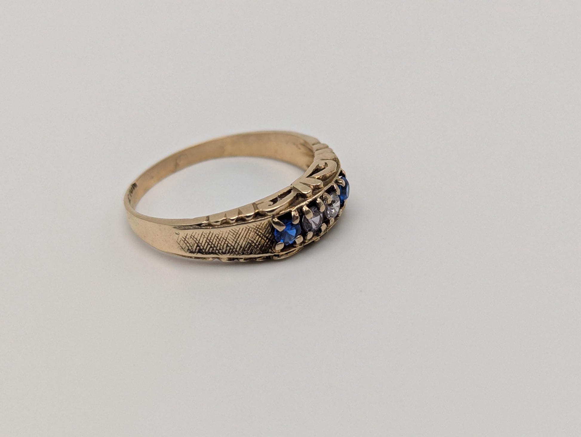 10k Yellow Gold Blue Topaz White Quartz Ring Vintage Half Channel Setting Ring