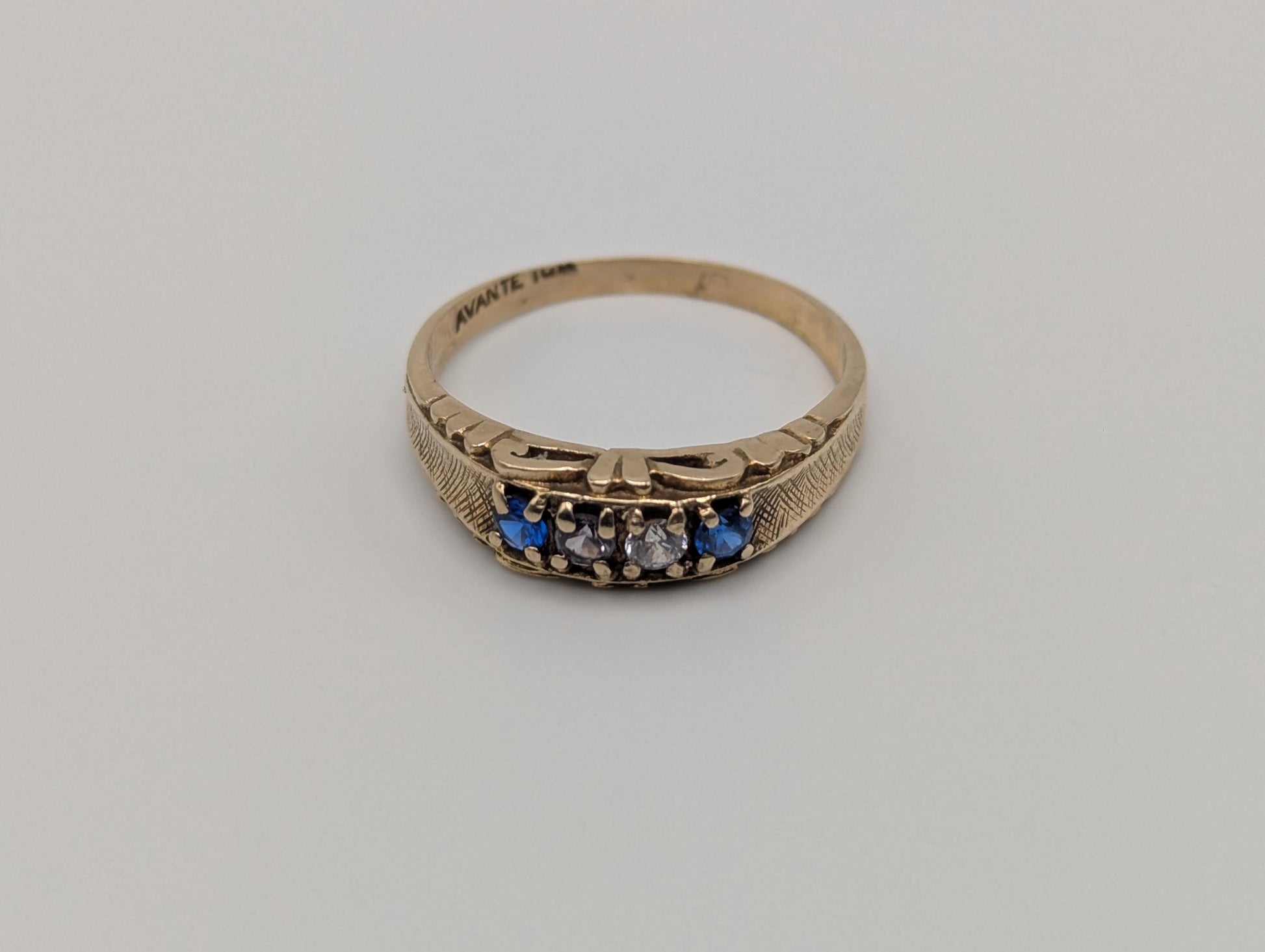 10k Yellow Gold Blue Topaz White Quartz Ring Vintage Half Channel Setting Ring