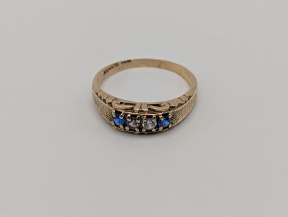 10k Yellow Gold Blue Topaz White Quartz Ring Vintage Half Channel Setting Ring