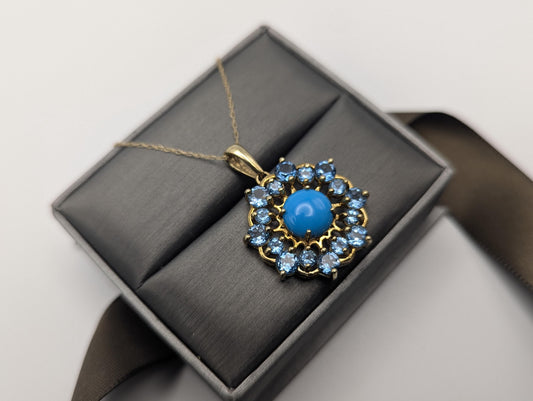 10k Solid Gold Flower Cluster Turquoise Blue Spinels Necklace. Cluster Spinel Necklace.