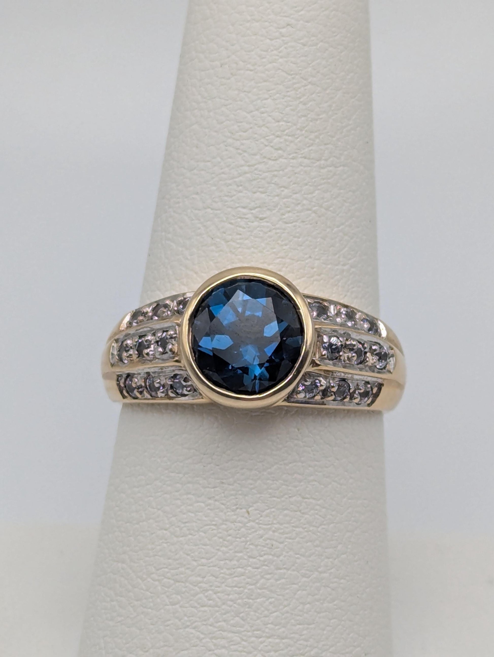 10k Yellow Gold Blue Topaz and Spinel Ring Statement Cocktail Pinky Signet Ring.