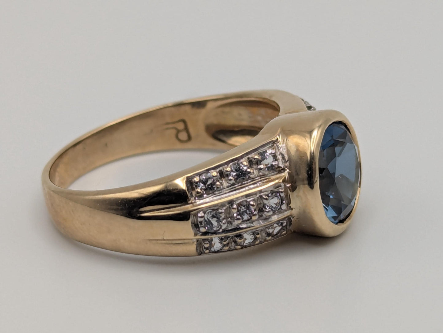 10k Yellow Gold Blue Topaz and Spinel Ring Statement Cocktail Pinky Signet Ring.
