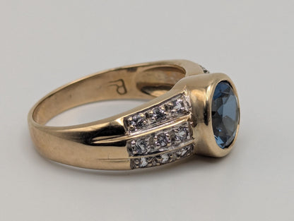 10k Yellow Gold Blue Topaz and Spinel Ring Statement Cocktail Pinky Signet Ring.