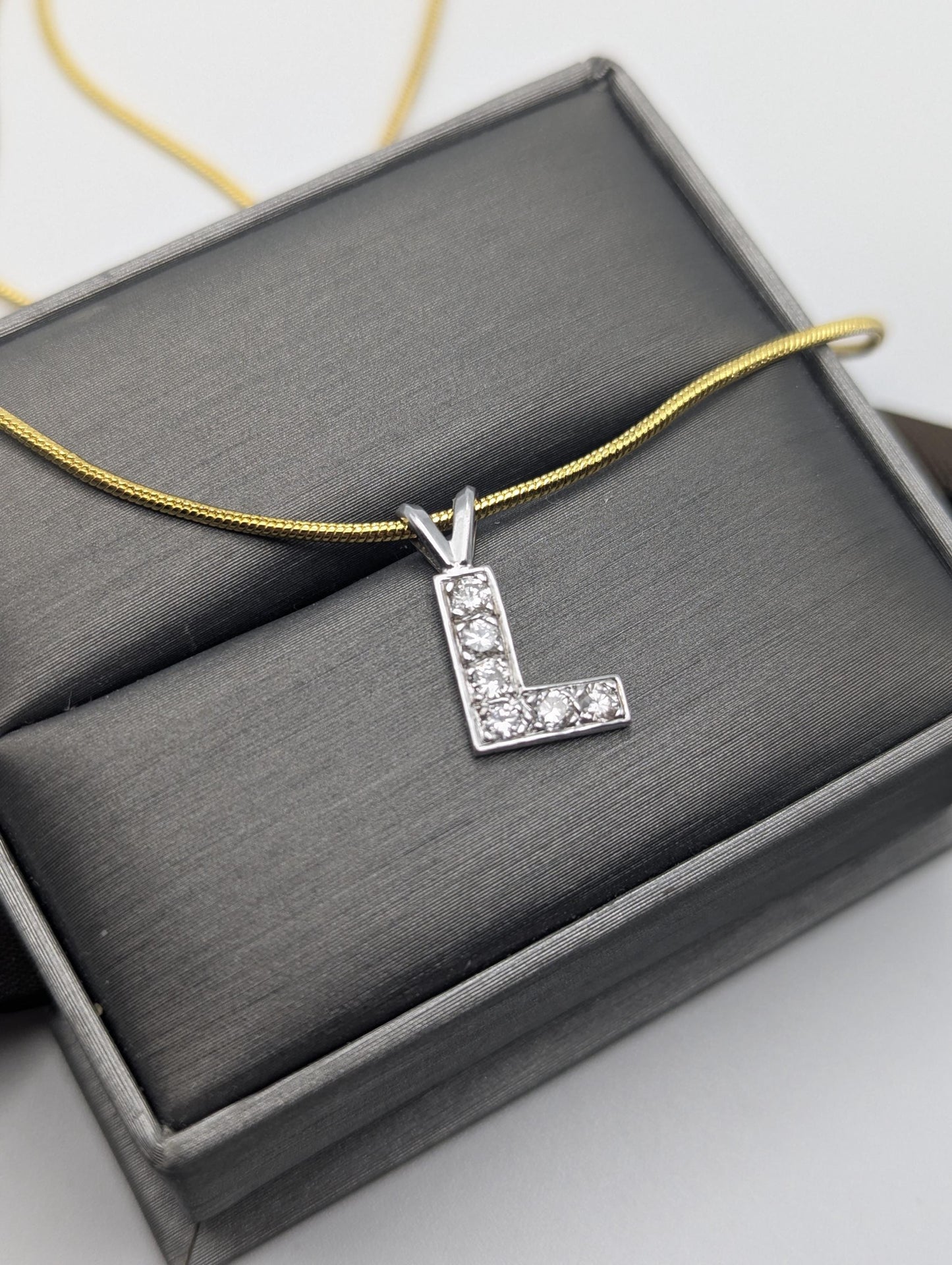 14K White Gold .50ctw Diamond Letter L Pendant. Initial " L " Diamond Necklace Charm.