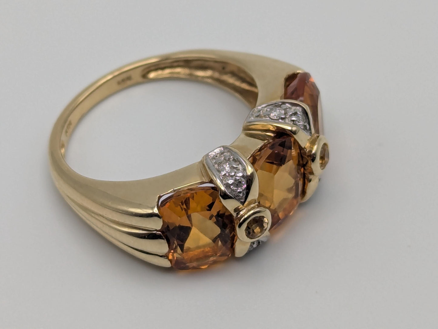 10k Yellow Gold Solitare Citrine Diamond Cocktail Ring. Statement Ring.