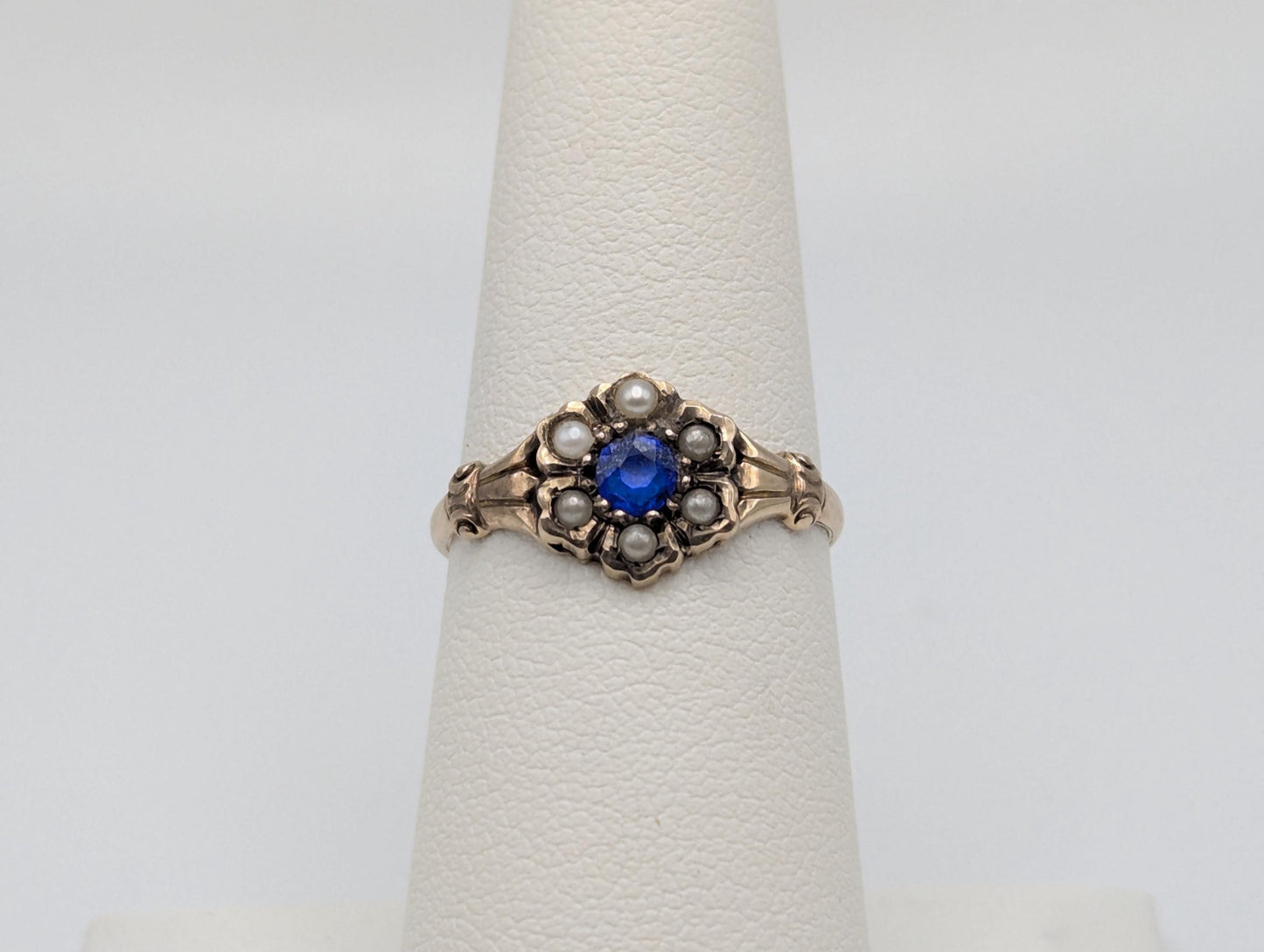 10k Victorian Gold Sapphire Seed Pearl Ring Wedding Cocktail Promise Band