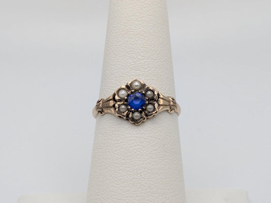 10k Victorian Gold Sapphire Seed Pearl Ring Wedding Cocktail Promise Band
