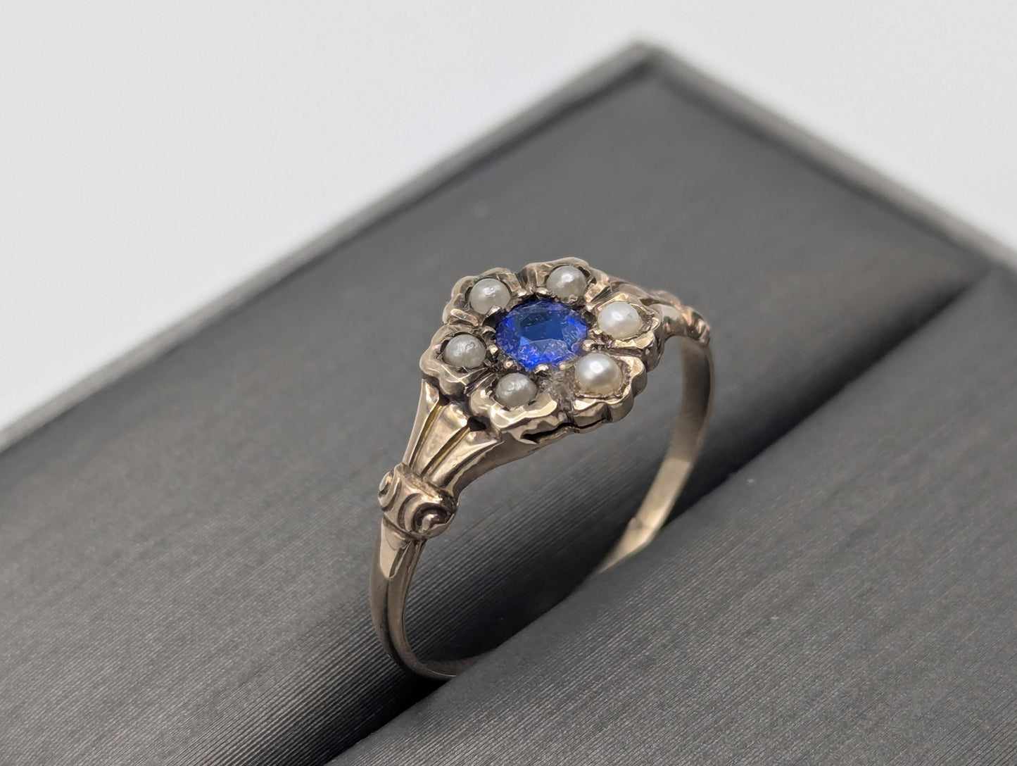 10k Victorian Gold Sapphire Seed Pearl Ring Wedding Cocktail Promise Band