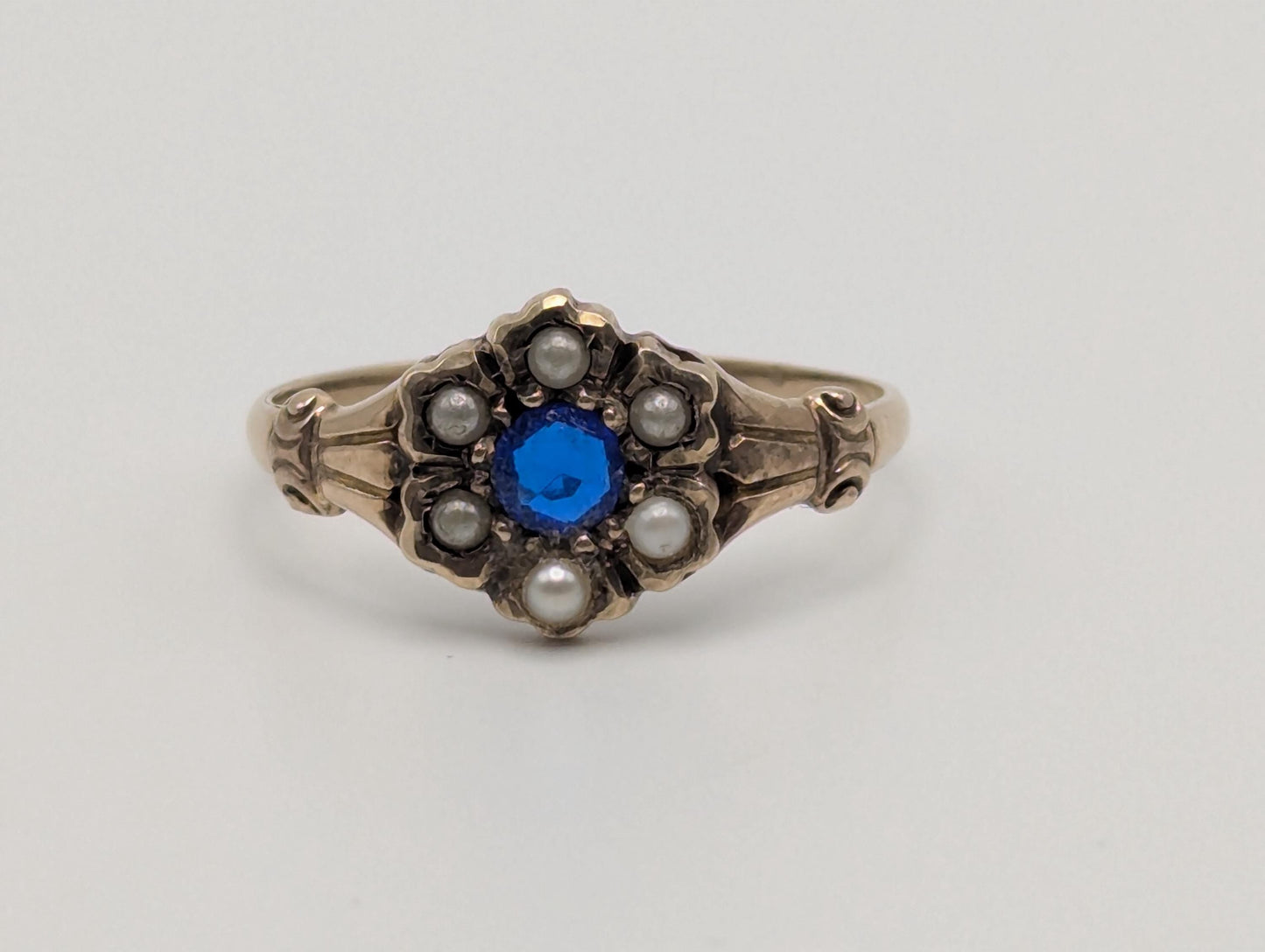 10k Victorian Gold Sapphire Seed Pearl Ring Wedding Cocktail Promise Band