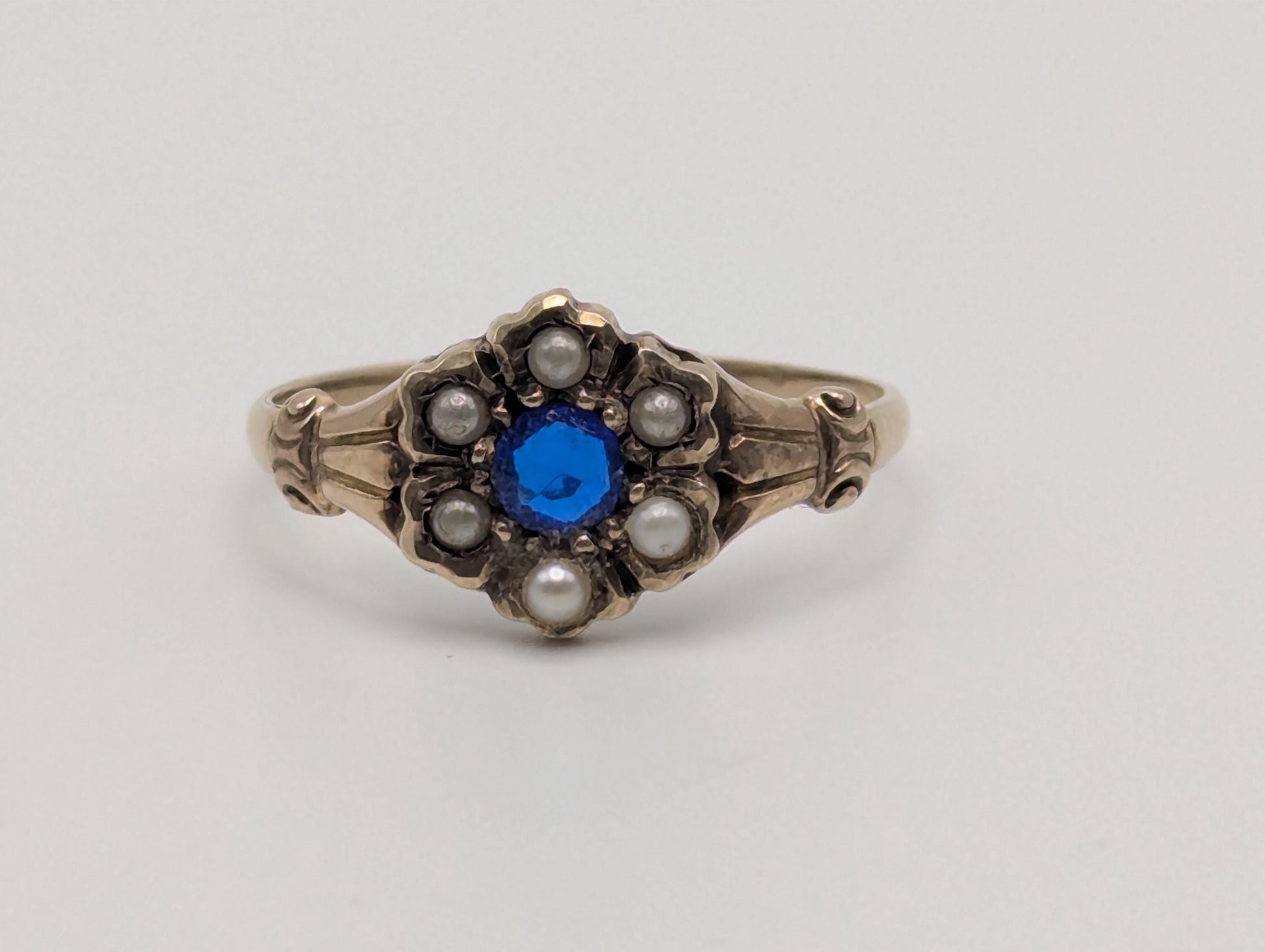 10k Victorian Gold Sapphire Seed Pearl Ring Wedding Cocktail Promise Band